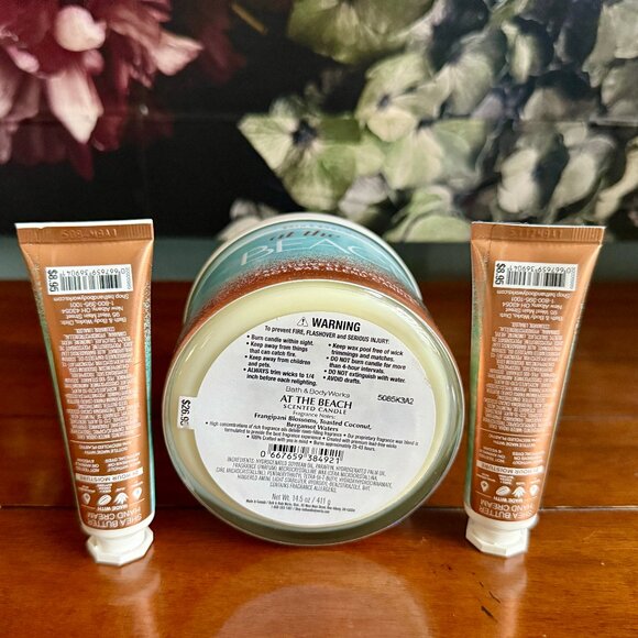 NEW 3-Pc Bath & Body Works AT THE BEACH 3-Wick 14.5oz Candle & 2 Hand Creams - Picture 2 of 3